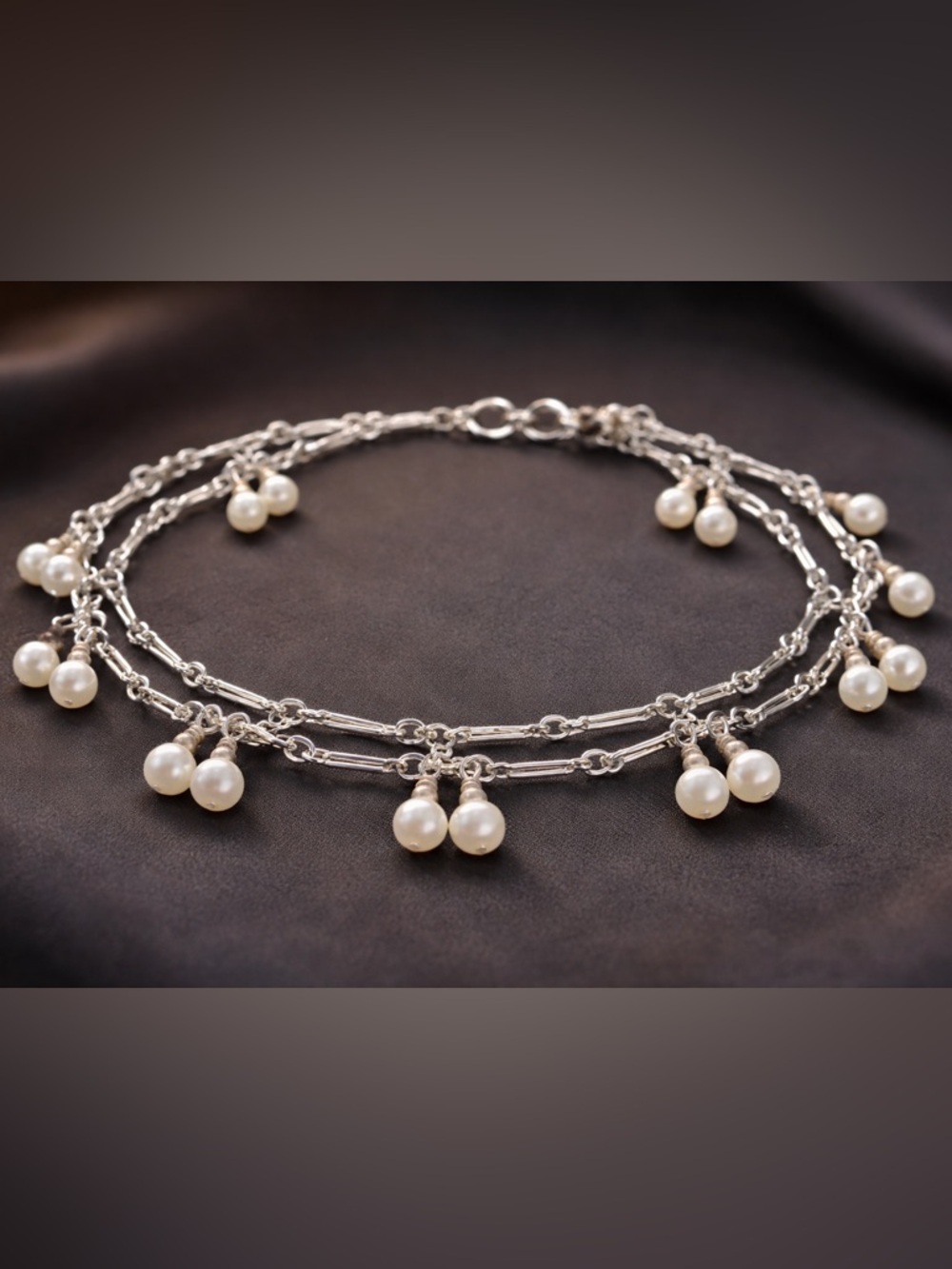 Sterling Silver Double Pearl Drop Anklet  8” Boho Vintage